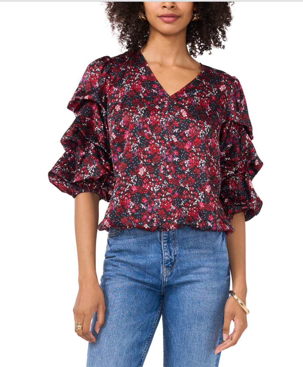 Vince Camuto Women Printed V-Neck Bubble Sleeve Top Deep Sangria Size S